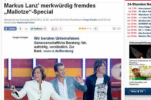 Die TV-Kritik von "focus.de" beklagt ein "krass abfallende Niveau" und fasst zusammen: "Mit Schlager, Kalauer-Comedy und Trash-TV stand die &bdquo;Wetten, dass..?&ldquo;-Sommerausgabe von Vornherein unter keinem guten Stern. Doch es war Gerard Butler, der den Tiefpunkt einer merkwürdig fremden Show lieferte."