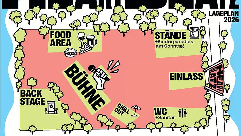 So sieht der Lageplan des Heartbeatz-Festivals in Waldperlach aus. Auf einer gro&szlig;en B&uuml;hne sollen nationale und internationale Stars auftreten.