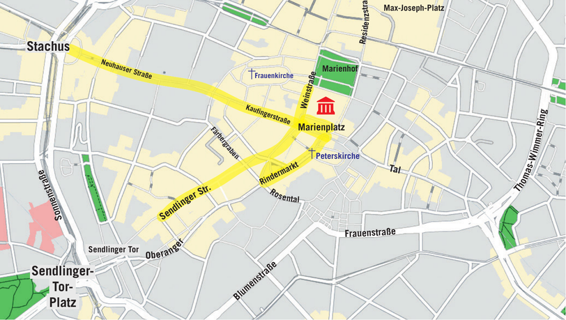 Auf den gelb hinterlegten Straßen soll heuer der besonders lange Christkindlmarkt stattfinden. Auf den gelb hinterlegten Straßen soll heuer der besonders lange Christkindlmarkt stattfinden.