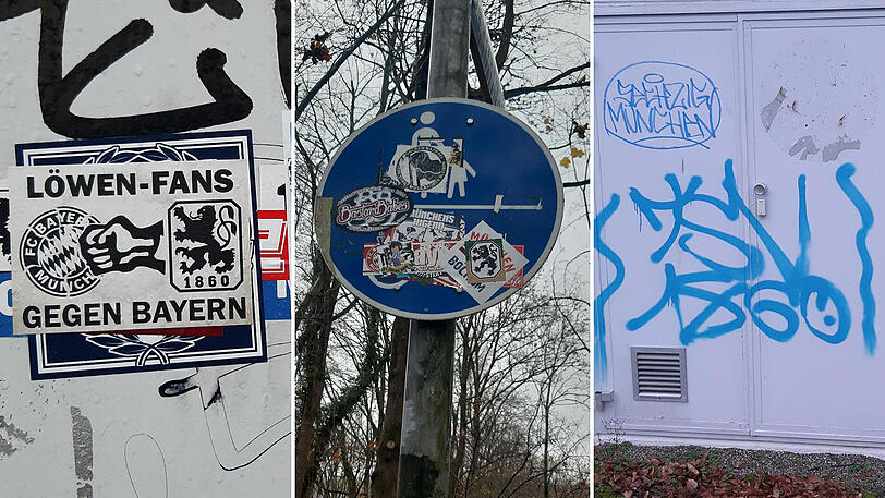 Rund um des Vereinsgeländes des FC Bayern sind zahlreiche Aufkleber und Schriftzüge des Stadtrivalen TSV 1860 München zu finden. Rund um des Vereinsgeländes des FC Bayern sind zahlreiche Aufkleber und Schriftzüge des Stadtrivalen TSV 1860 München zu finden.