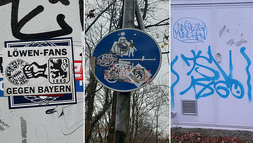 Rund um des Vereinsgeländes des FC Bayern sind zahlreiche Aufkleber und Schriftzüge des Stadtrivalen TSV 1860 München zu finden. Rund um des Vereinsgeländes des FC Bayern sind zahlreiche Aufkleber und Schriftzüge des Stadtrivalen TSV 1860 München zu finden.