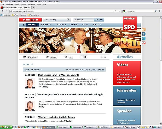 Das macht die Online-KonkurrenzStaatsmännisch im Anzug und doch lässig mit den Händen in den Hosentaschen, im Hintergrund ist der Olypark zu sehen &ndash; so präsentiert sich OB-Kandidat Dieter Reiter (SPD) im Internet unter dieterreiter.de. Nach der durchgestylten Startseite wird sein Webauftritt klassischer. Was gar nicht geht: Der letzte Eintrag in der Rubrik &bdquo;Aktuelles&ldquo; stammt vom 3. Dezember. Immerhin: Bei Facebook ist Reiter deutlich aktiver &ndash; das gefällt 2119 Menschen.