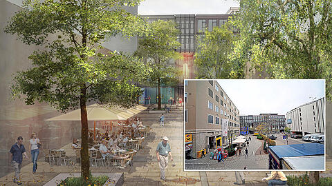 Erste Idee für den neuen Sattlerplatz: Die Visualisierung zeigt eine direkte, gerade Achse von der Kaufingertor-Passage zu den Läden der Hofstatt. Das Areal heute: Die frühere Post (l.), rechts das Parkhaus. Rechts: Das Areal heute. Die frühere Post (l.), rechts das Parkhaus.