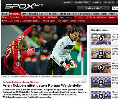 Das online-Portal &bdquo;spox.com&ldquo; will einen Zwist zwischen Robben und BVB-Torwart Weidenfeller ausgemacht haben. Dort heißt es: &bdquo;Arjen Robben sieht Bayern München beim Champions-League-Finale gegen Borussia Dortmund am 25. Mai nicht in Zugzwang. Er sieht den Bundesliga-Zweiten unter Druck. Im Londoner Wembley-Stadion sei BVB-Torwart Roman Weidenfeller trotz dessen Weltklasseleistung gegen Real Madrid überwindbar.&ldquo;