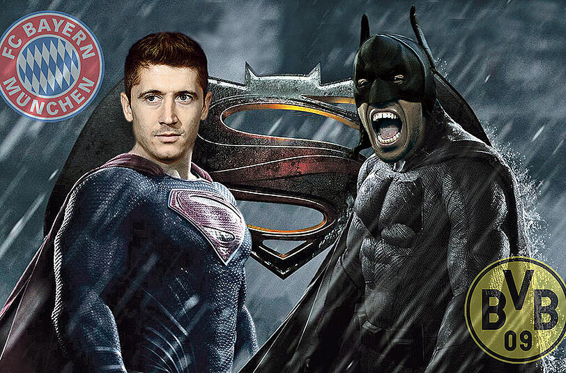 Der Film &bdquo;Batman vs Superman&ldquo; kommt 2016 ins Kino &ndash; die AZ hat daraus Bayern-Superman Lewandowski (l.) und Dortmund-Batman Aubameyang gemacht.