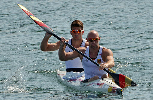 Die deutschen Kanuten Jonas Ems (hinten) and Ronald Rauhe im Kajak-Zweier über 200 Meter. Für eine Medaille reichte es diesmal nicht.