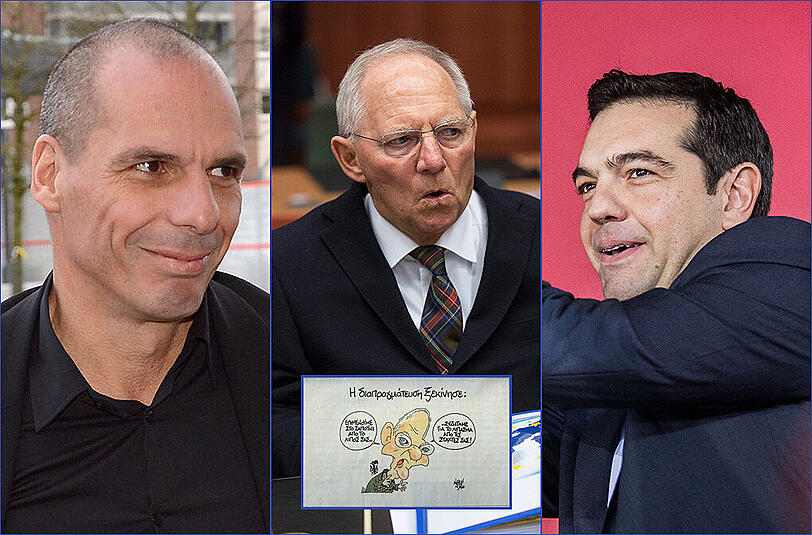 Laut Griechenland ist der deutsche Finanzminister Wolfgang Schäuble (m.) der Buhmann im griechischen Schuldendrama. Auch am Mittwoch ist es bei Verhandlungen zwischen Finanzminister Varoufakis (l.), Ministerpräsident Tsipras und der Eurogruppe zu keinen stichhaltigen Ergebnissen gekommen. Kleines Bild: Eine griechische Karikatur Schäubles in Nazi-Uniform.