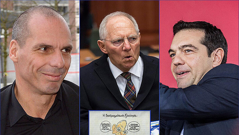 Laut Griechenland ist der deutsche Finanzminister Wolfgang Schäuble (m.) der Buhmann im griechischen Schuldendrama. Auch am Mittwoch ist es bei Verhandlungen zwischen Finanzminister Varoufakis (l.), Ministerpräsident Tsipras und der Eurogruppe zu keinen stichhaltigen Ergebnissen gekommen. Kleines Bild: Eine griechische Karikatur Schäubles in Nazi-Uniform. Laut Griechenland ist der deutsche Finanzminister Wolfgang Schäuble (m.) der Buhmann im griechischen Schuldendrama. Auch am Mittwoch ist es bei Verhandlungen zwischen Finanzminister Varoufakis (l.), Ministerpräsident Tsipras und der Eurogruppe zu keinen stichhaltigen Ergebnissen gekommen. Kleines Bild: Eine griechische Karikatur Schäubles in Nazi-Uniform.
