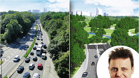 Kennt man: Auf dem Isarring in Richtung der Nürnberger Autobahn staut es sich. (l.) Ungewohnt: So soll es dann mit einem Tunnel ausschauen. (r.)