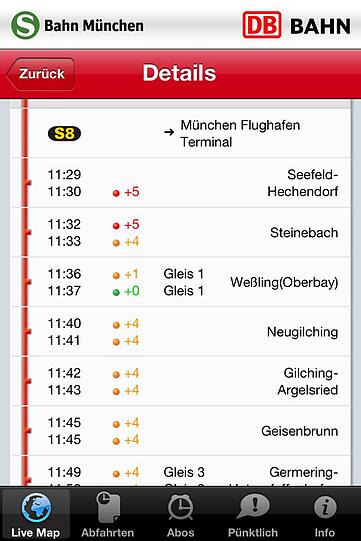 Wie viel Verspätung hat mein Zug im Moment? Das Bild rechts zeigt das S-Bahn-Navi fürs iPhone: Hier die aktuellen Infos der S8 Richtung Flughafen. Ihr nächster Halt ist Seefeld, sie wird dort fünf Minuten zu spät ankommen. Erst ab Weßling wird sie voraussichtlich wieder planmäßig fahren.