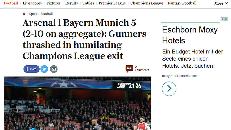 Der Telegraph schreibt: "Arsenal 1 Bayern 5: Gunners bei demütigendem Champions-League-Aus verprügelt"