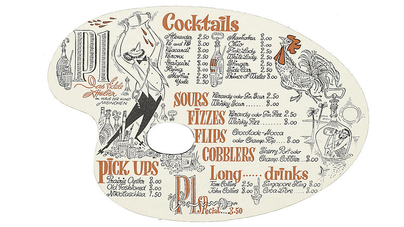 P1: Auf der Cocktailkarte von 1960 stehen Cobblers, Sours und Fizzes, allesamt für 2,50 Mark beziehungsweise drei Mark. Gegründet wurde das P1 als Offiziersclub 1949 für die US-amerikanischen Besatzungstruppen nach dem Zweiten Weltkrieg im Haus der Kunst. Der Name des Clubs stammt von der Adresse: Prinzregentenstraße 1. In den 60er Jahren erhielt der Offiziersclub den Namen "Künstleratelier", wurde 1984 von Michael Käfer übernommen und ist bis heute im Haus der Kunst untergebracht, im Keller.