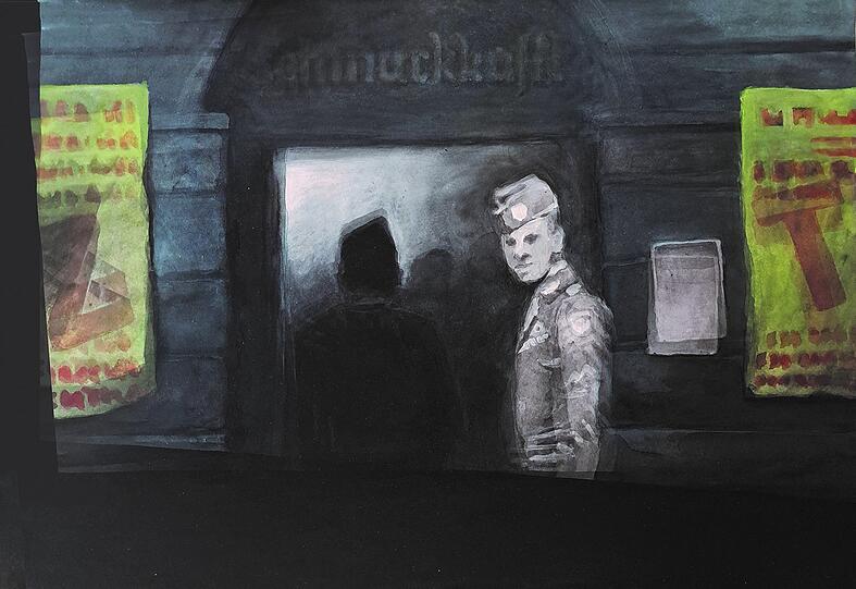 "GI und Schmuckkastl 606". Aquarellfarbe und Gouache aus der Serie "Kindheit 1949 - 1963", 2023