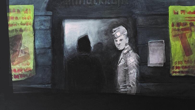 "GI und Schmuckkastl 606". Aquarellfarbe und Gouache aus der Serie "Kindheit 1949 - 1963", 2023 "GI und Schmuckkastl 606". Aquarellfarbe und Gouache aus der Serie "Kindheit 1949 - 1963", 2023