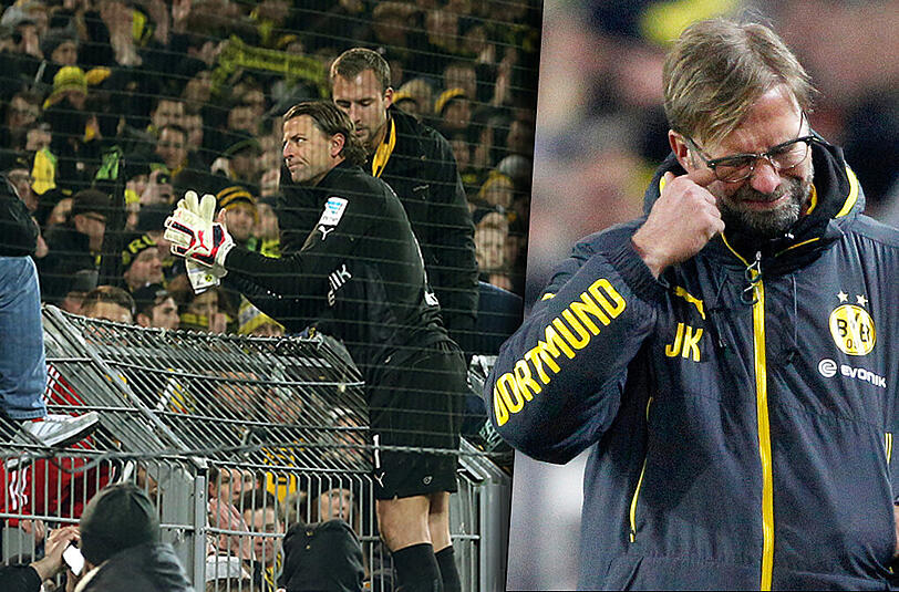 Links: Roman Weidenfeller versucht die wütenden Fans zu beruhigen. Rechts: Klopp kann es nicht fassen.
