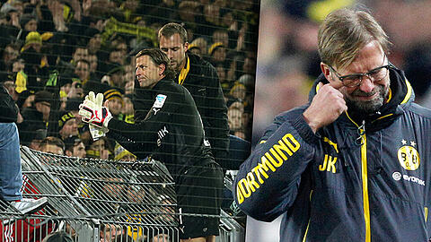 Links: Roman Weidenfeller versucht die wütenden Fans zu beruhigen. Rechts: Klopp kann es nicht fassen.