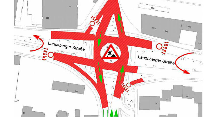 Die Baustelle: bei den grünen Pfeilen geht&rsquo;s einspurig durch.