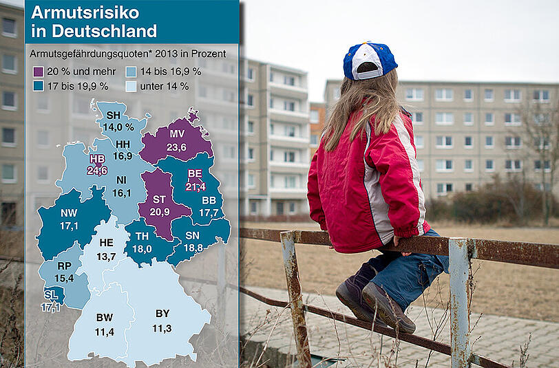 Blick auf Plattenbauten. In Berlin lebt jedes dritte Kind von Hartz IV. Links: Die Grafik zeigt die Armutsgefährdungsquoten nach Bundesländern.