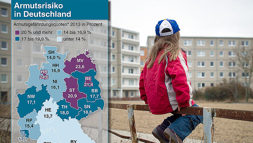 Blick auf Plattenbauten. In Berlin lebt jedes dritte Kind von Hartz IV. Links: Die Grafik zeigt die Armutsgefährdungsquoten nach Bundesländern. Blick auf Plattenbauten. In Berlin lebt jedes dritte Kind von Hartz IV. Links: Die Grafik zeigt die Armutsgefährdungsquoten nach Bundesländern.