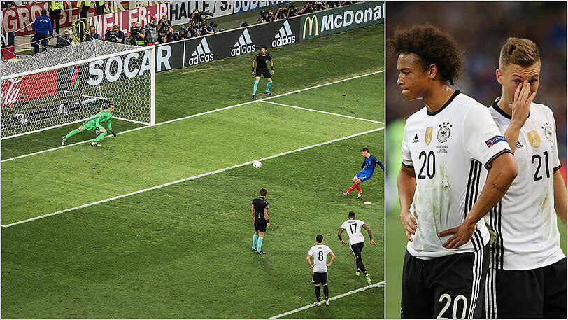 Der Anfang vom EM-Ende: Frankreichs Griezmann verwandelt den Elfmeter im Halbfinale gegen Deutschland zum 1:0. Am Ende heißt es 2:0, Deutschland ist draußen und trägt Trauer wie Sané und Kimmich (r.).