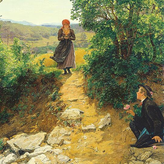 Tschamsterer: Ein wunderbarer bairischer Ausdruck. Der Tschamsterer stammt aus Ferdinand Georg Waldmüllers &bdquo;Die Erwartete&ldquo; und zeigt einen beflissenen &bdquo;Verehrer&ldquo; mit Blümchen &ndash; auch als &bdquo;Admirer&ldquo; oder &bdquo;Corteggiatore&ldquo; übersetzt.