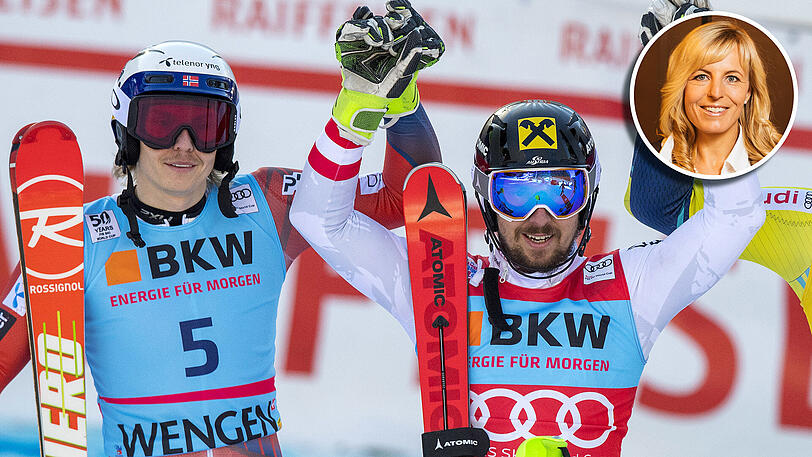 Der Zweitplatzierte Henrik Kristoffersen (l) aus Norwegen und der Erstplatzierte Marcel Hirscher aus Österreich nach dem Rennen in Wengen.