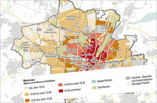 Durchschnittliche Angebots-Mieten (netto, kalt) für die Postleitzahl 80634: 
2010: 12,60 Euro
2012: 14,80 Euro
Entwicklung: 17,5 Prozent