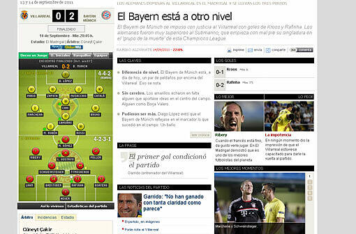 MARCA: &bdquo;Viel zu viel Bayern für Villarreal. Ribery dirigiert den Ansturm auf die Festung El Madrigal mit preußischer Präzision. Der Franzose erteilte eine Fußball-Lektion, die Gelben liefen den Bayern immer nur hinterher. Ribery konnte sich auf dem ganzen Feld frei bewegen und war eine ständige Bedrohung. Den Gelben fehlten Sauerstoff, Ideen und Tiefe. Die Bayern waren auf einem anderen Level.&ldquo;