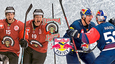 Kontrahenten im Finale: Der zweimalige Champions-League-Sieger Frölunda HC aus Göteborg (l.) und der dreimalige deutsche Meister EHC Red Bull München.