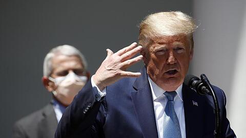 Donald Trump Mitte Mai bei einer Pressekonferenz im Rosengarten des Weißen Hauses. Im Hintergrund Anthony Fauci.