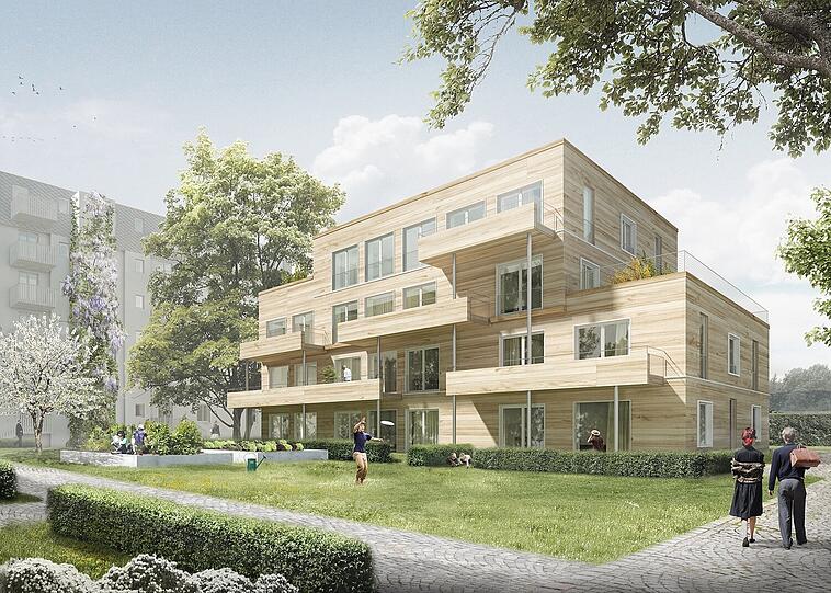 So soll das Holzhaus mit zehn Wohnungen nächstes Jahr ausschauen.