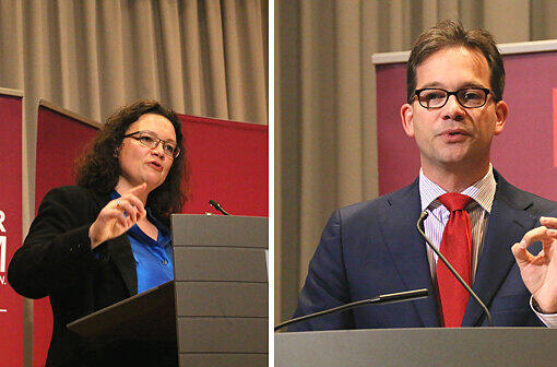 Andrea Nahles und Florian Pronold werben für den Koalitionsvertrag bei einer Regionalkonferenz der SPD in München.