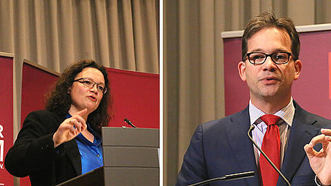 Andrea Nahles und Florian Pronold werben für den Koalitionsvertrag bei einer Regionalkonferenz der SPD in München.