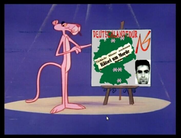 Der Screenshot zeigt einen Ausschnitt aus dem Video des Nationalsozialistischen Untegrundes (NSU): In dem Film mit der Trickfilmfigur "Paulchen Panther" werden Fotos der Mordopfer der vergangenen Jahre gezeigt, zu denen sich die Terrorgruppe bekannte.