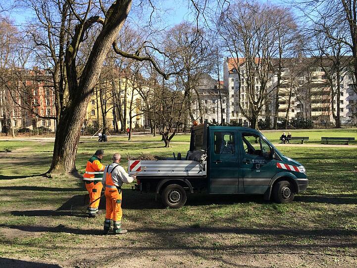 ... säubern Arbeiter den Rasen von heruntergefallenen Ästen und Unrat.