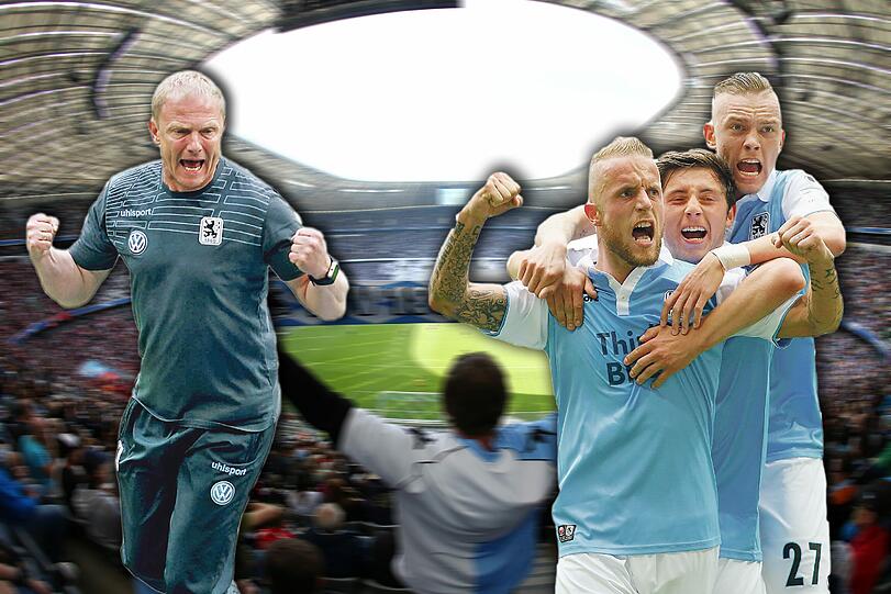 Welch Spiel, welch Emotionen! Vor 68 500 Fans gelang den Löwen um Daniel Adlung, Maximilian Wittek und Marius Wolf (r.) sowie Trainer Torsten Fröhling der Sieg über den Club.