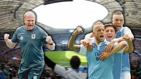 Welch Spiel, welch Emotionen! Vor 68 500 Fans gelang den Löwen um Daniel Adlung, Maximilian Wittek und Marius Wolf (r.) sowie Trainer Torsten Fröhling der Sieg über den Club.