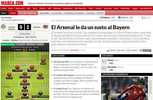 "Arsenal verpasst Bayern einen Schreck", schreibt das spanische Portal Marca.com.