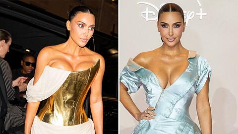 In goldener Corsage und Minirock wurde Kim Kardashian an ihrem 45. Geburtstag in Paris gesichtet. Zuvor trug sie für eine Premierenfeier ein blaues Meerjungfrauenkleid.