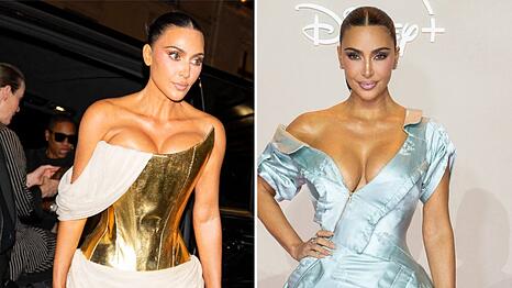 In goldener Corsage und Minirock wurde Kim Kardashian an ihrem 45. Geburtstag in Paris gesichtet. Zuvor trug sie für eine Premierenfeier ein blaues Meerjungfrauenkleid.