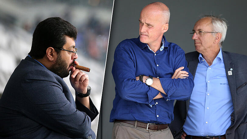 Gegner in derselben KGaA: Investor Hasan Ismaik (l.) sowie 1860-Präsident Robert Reisinger (m.) und dessen Vize Hans Sitzberger, die den Verein als zweiten Gesellschafter vertreten. Gegner in derselben KGaA: Investor Hasan Ismaik (l.) sowie 1860-Präsident Robert Reisinger (m.) und dessen Vize Hans Sitzberger, die den Verein als zweiten Gesellschafter vertreten.