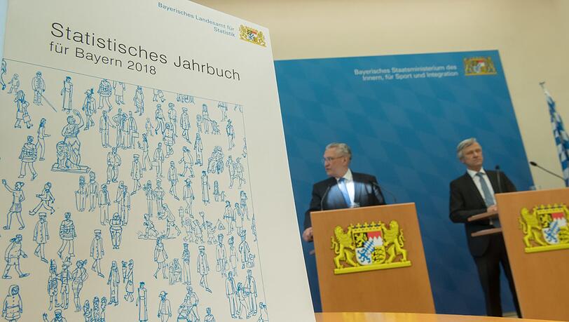 Joachim Herrmann (l, CSU), Innenminister von Bayern, und Thomas Gößl, Präsident des Bayerischen Landesamts für Statistik, stellen auf einer Pressekonferenz im Innenministerium das Statistisches Jahrbuch für Bayern 2018 vor. Joachim Herrmann (l, CSU), Innenminister von Bayern, und Thomas Gößl, Präsident des Bayerischen Landesamts für Statistik, stellen auf einer Pressekonferenz im Innenministerium das Statistisches Jahrbuch für Bayern 2018 vor.