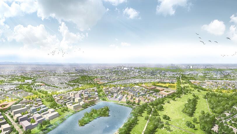 Das neue Gebiet von oben: Im Vordergrund der neue Badesee, daneben Grünverbindungen. Vorstellbar ist für die Stadt auch eine Gartenschau.