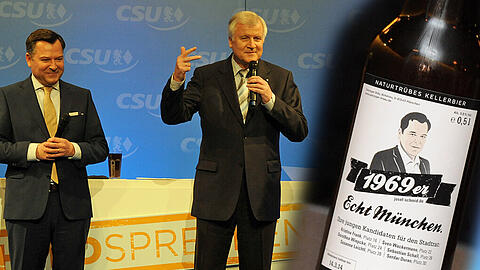 Josef &bdquo;Seppi&ldquo; Schmid und sein großer Parteichef Horst Seehofer gestern Abend vor großem Publikum in der Freiheizhalle. Daneben: Das Seppi-Bier...