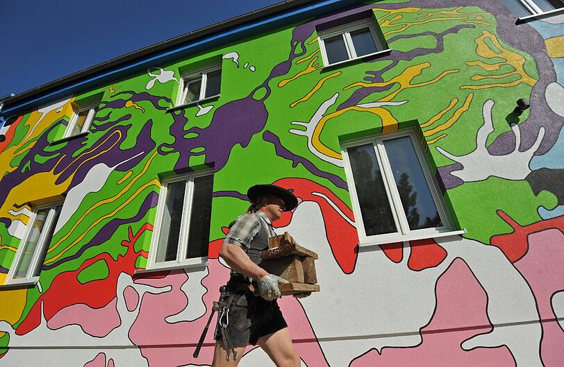 Nach Angaben des Künstlers Carsten Kruse, der bereits eine Hauswand in Regensburg ähnlich bunt gestaltet hat, ist dies Deutschlands buntestes Haus.