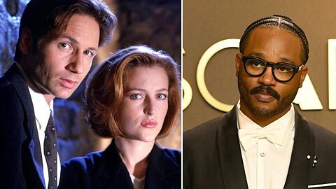David Duchovny (l.) und Gillian Anderson als ihre "Akte X"-Figuren Mulder und Scully neben Ryan Coogler.