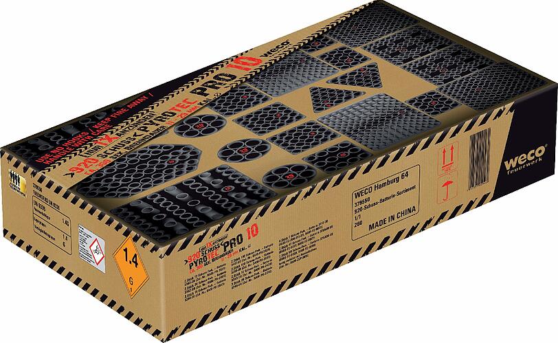 920 Schuss in fünf Minuten: Die Batterie &bdquo;PyroTec Pro 10&ldquo; (Weco): Bei diesem Ungetüm können die Nachbarn einpacken: Die PyroTec bietet 23 Feuerwerks-Batterien mit 920 Schuss &ndash; fertig verdrahtet und 32 Kilo schwer.