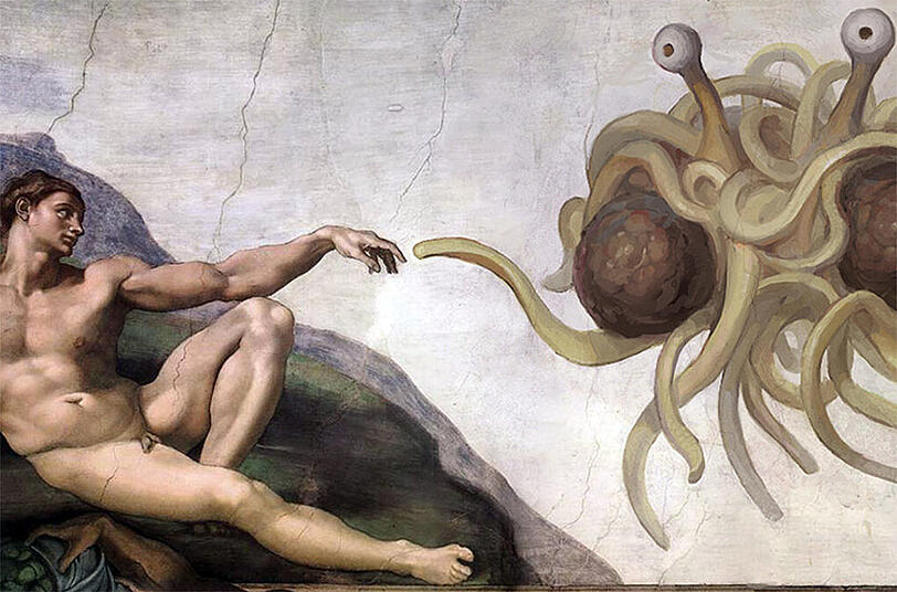 Die Schöpfung des Menschen nach Lehre der "Kirche des fliegenden Spaghettimonsters".