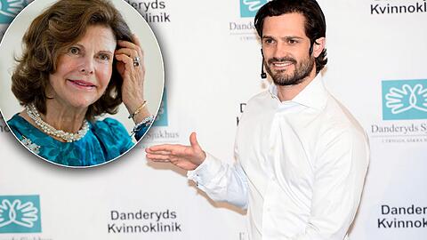 Stolz zeigt Prinz Carl Philip von Schweden der Presse, wie groß sein eben geborener Junge ist. Seine Mutter Königin Silvia hat ihren Enkel nicht sofort im Krankenhaus besucht.