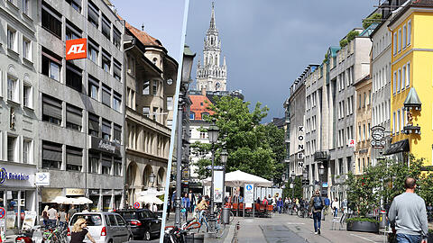 Die Sendlinger Straße: Früher (l., mit der AZ) und heute (fast ganz ohne Autos).